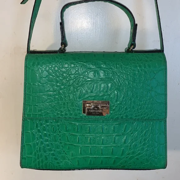 Kate Spade Large Green Crocodile Embossed Leather Crossbody Handbag Vintage-RARE - Picture 1 of 8